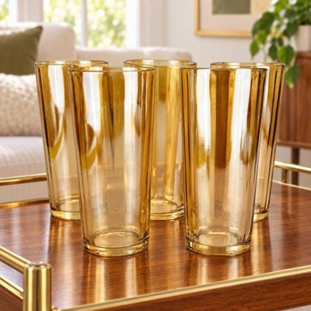 Vintage Iridescent Amber Glass Tumblers Set of 5 Ribbed Drinking Glasses 7”